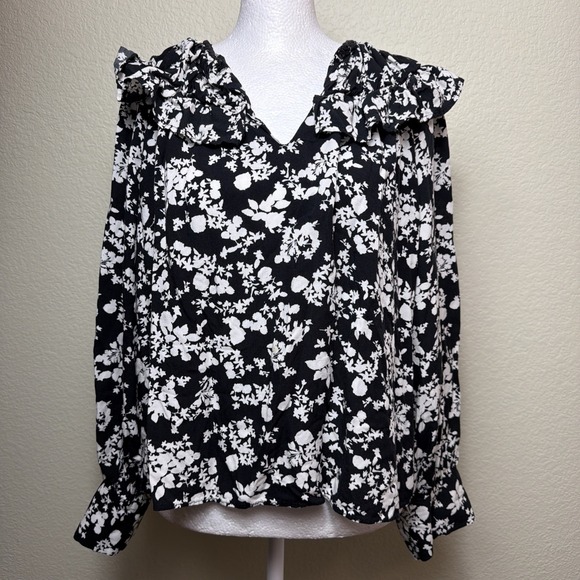 Zara Tops - Zara Floral Ruffle Shirt Medium Womens Boho Flowy Pleated Balloon Sleeve Blouse